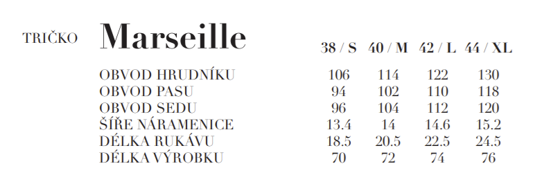 tričko marseille velikosti